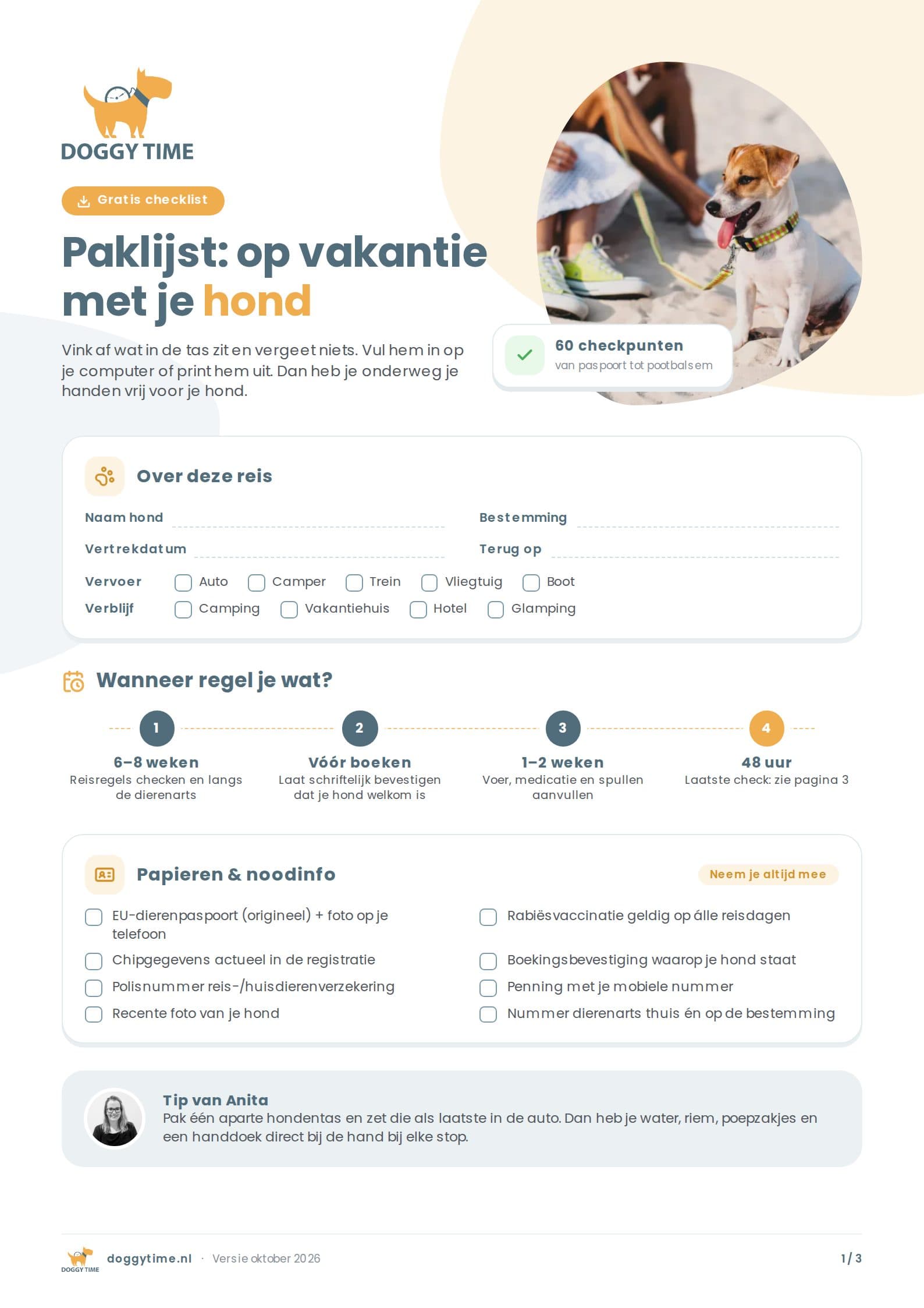 Voorkant van de PDF Paklijst: op vakantie met je hond