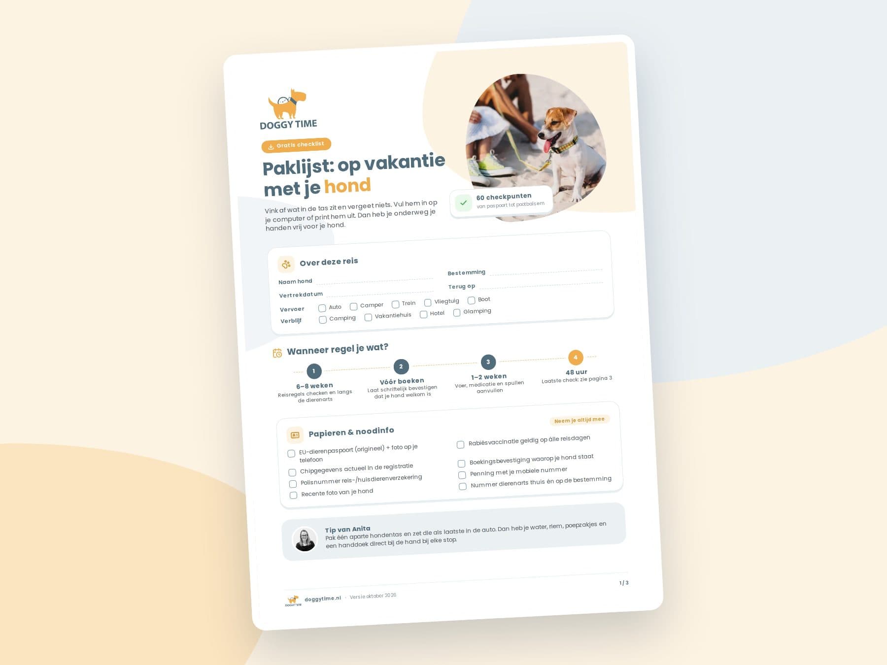 Voorkant van de PDF Paklijst: op vakantie met je hond